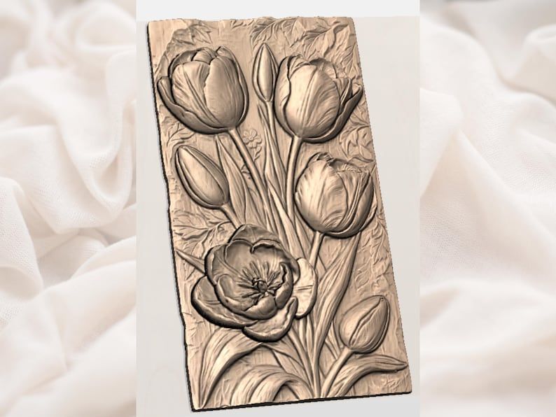 Tulip Bouquet Bas-Relief STL for CNC Carving and 3D Printing bas-relief STL — view 2