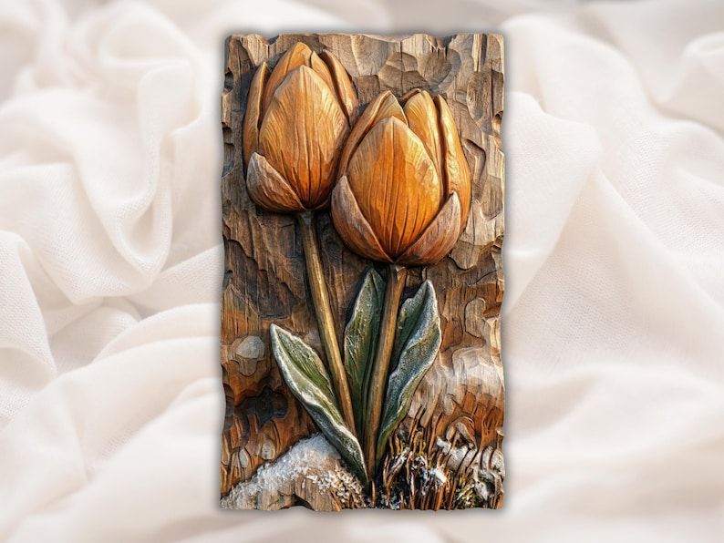 Bas-relief wood carving of two orange tulips with green leaves and snow at the base on a textured panel