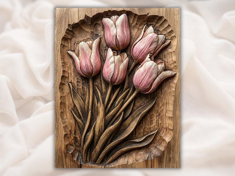 Carved wood bas-relief of five pink tulips with flowing leaves recessed into a rectangular panel