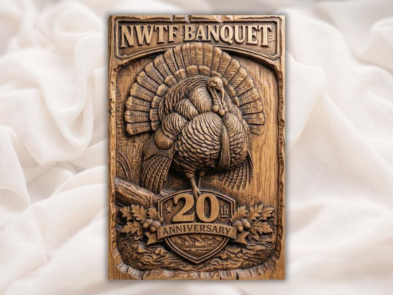 Carved wood relief of a strutting wild turkey above a 20th anniversary crest and NWTF banquet banner.