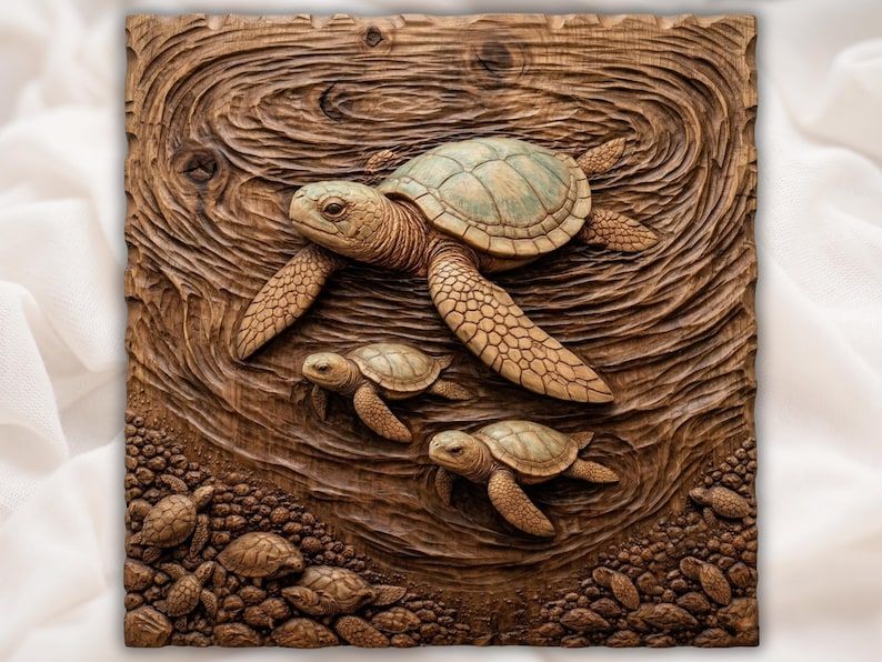 Carved wood bas-relief of a mother sea turtle and baby turtles swimming over a textured ocean floor
