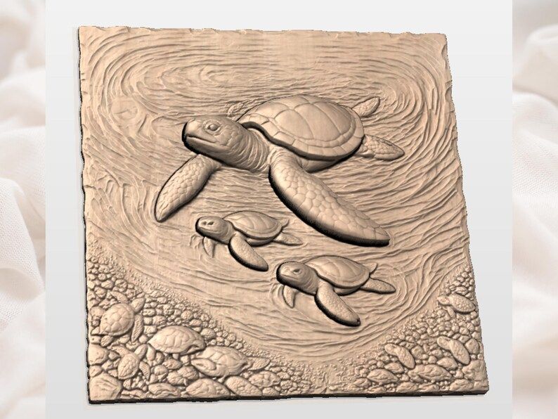 Sea Turtle Family Swimming Bas-Relief STL for CNC Carving bas-relief STL — view 2