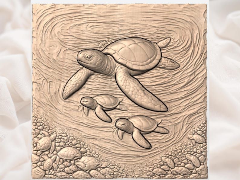 Sea Turtle Family Swimming Bas-Relief STL for CNC Carving bas-relief STL — view 3
