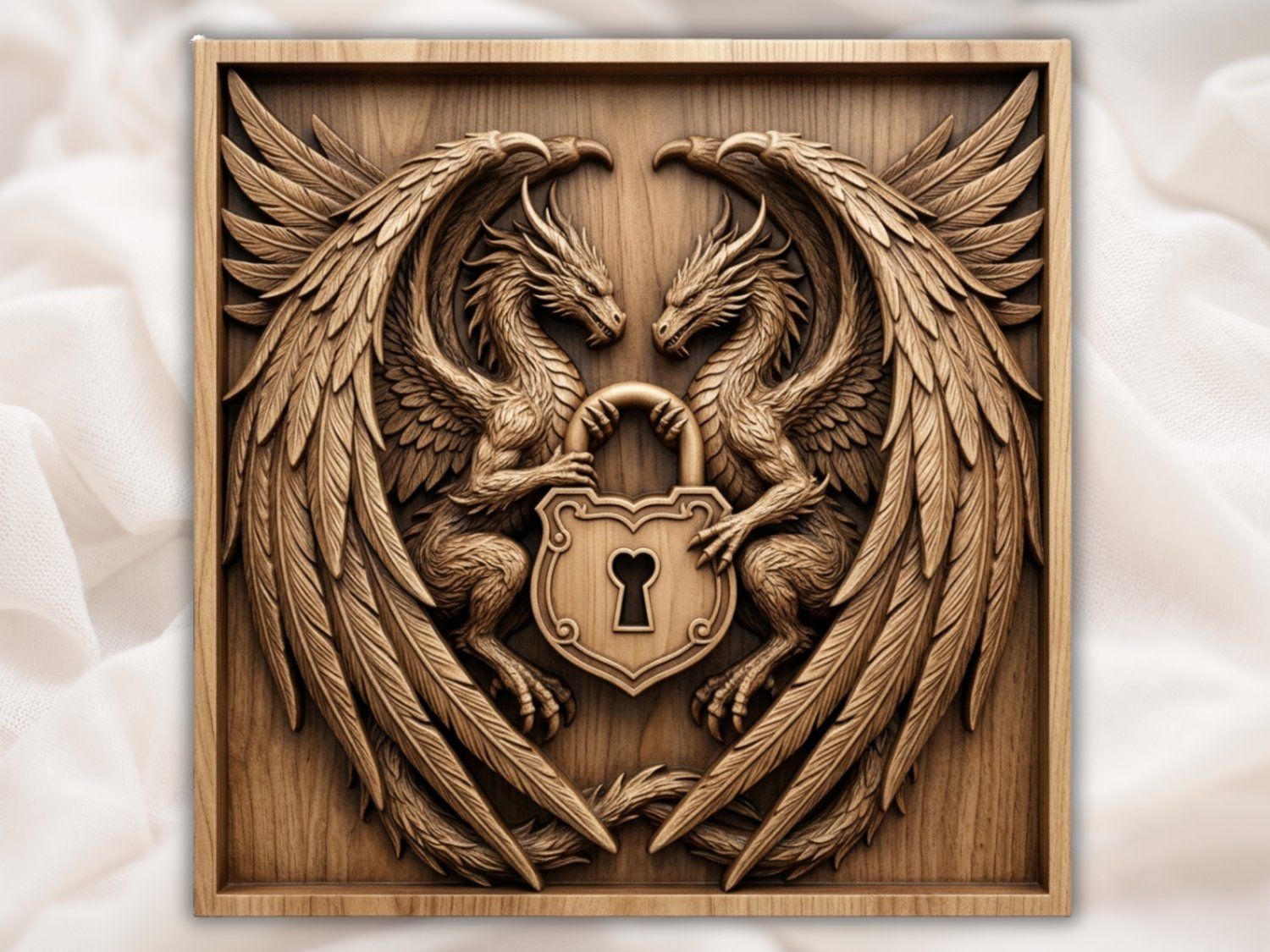Twin Dragon Heart Padlock CNC Relief STL | Mythical Fantasy Wall Art | Romantic Gothic Decor Panel | Woodworking Design — carved bas relief STL file for CNC