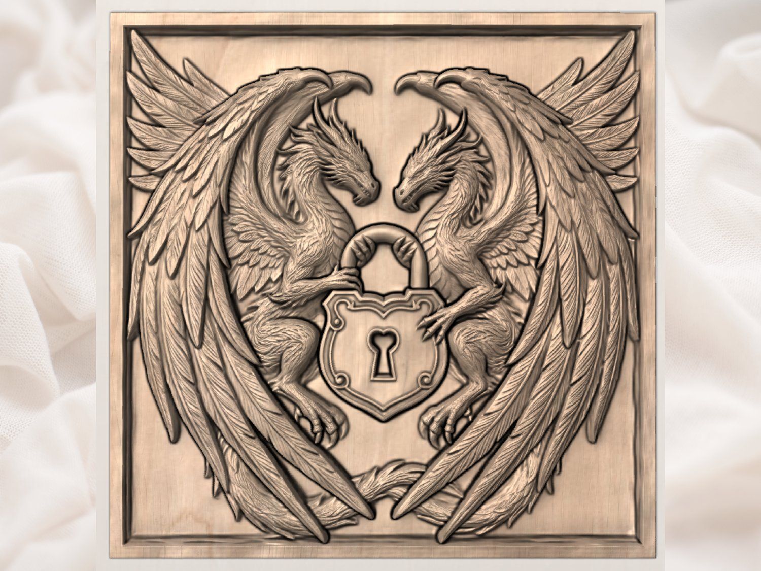 Twin Dragon Heart Padlock CNC Relief STL bas-relief STL — view 3