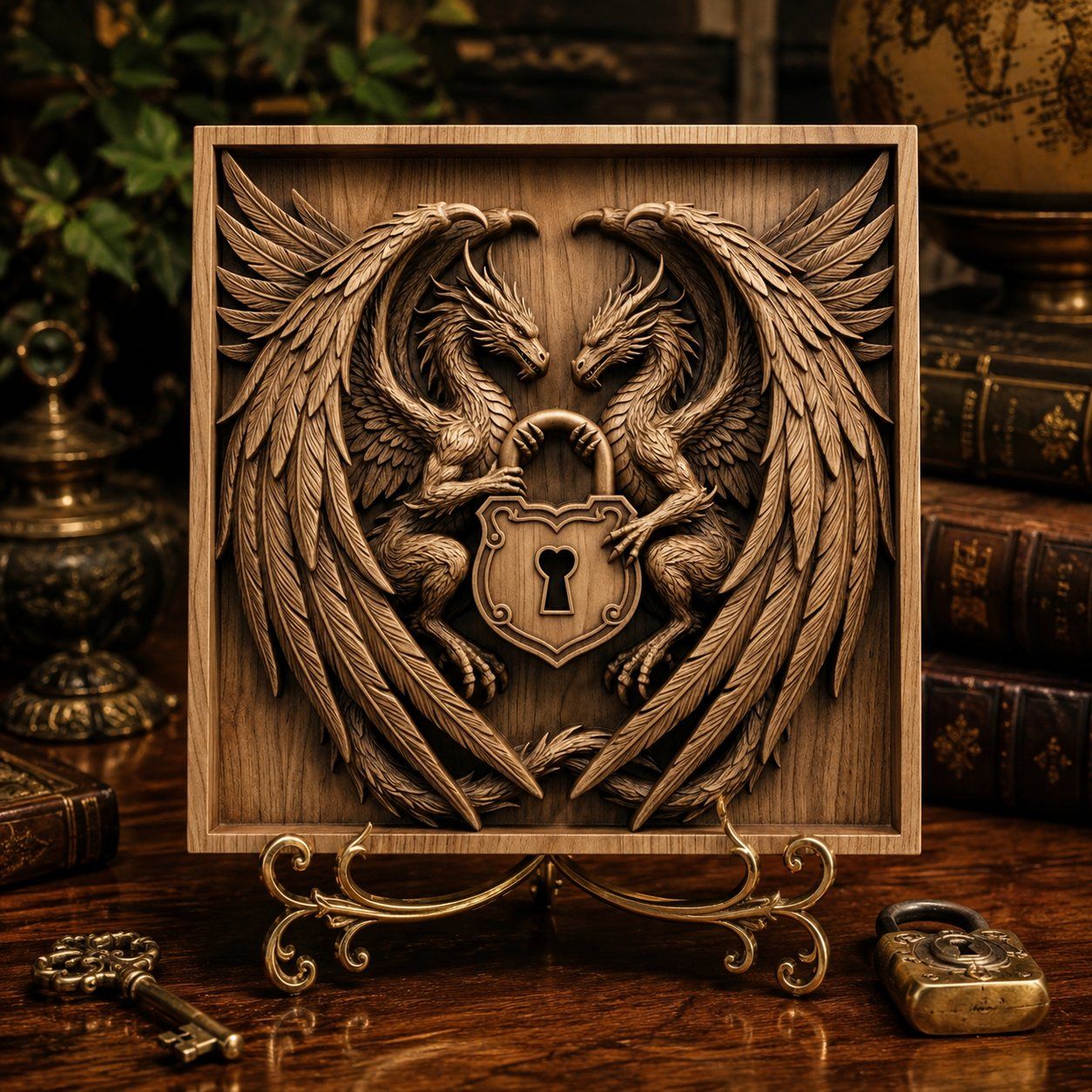 Twin Dragon Heart Padlock CNC Relief STL bas-relief STL — view 5