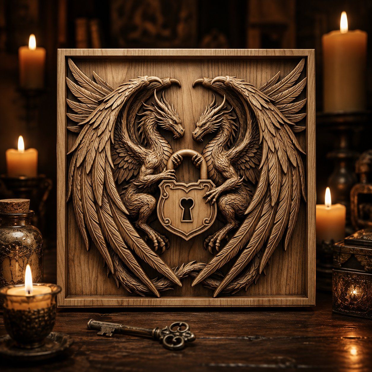 Twin Dragon Heart Padlock CNC Relief STL bas-relief STL — view 8