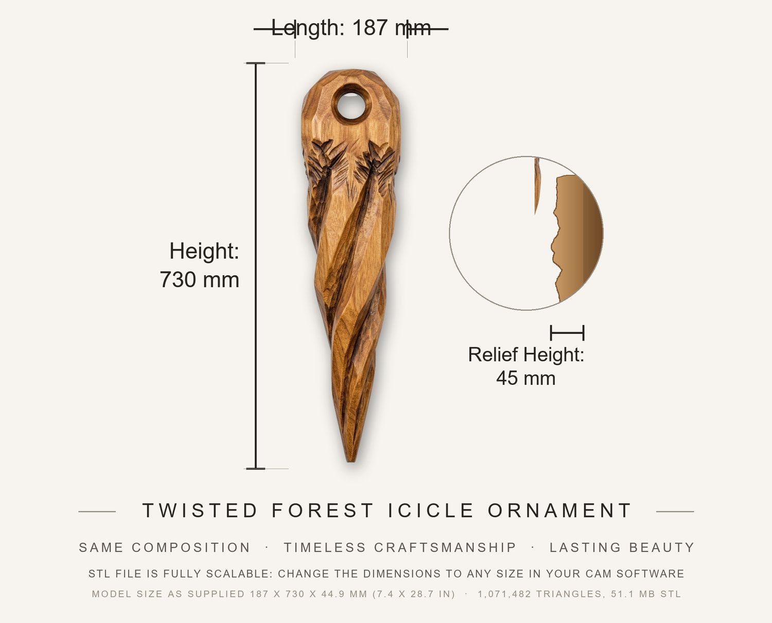 Twisted Forest Icicle Ornament CNC Relief STL bas-relief STL — view 3