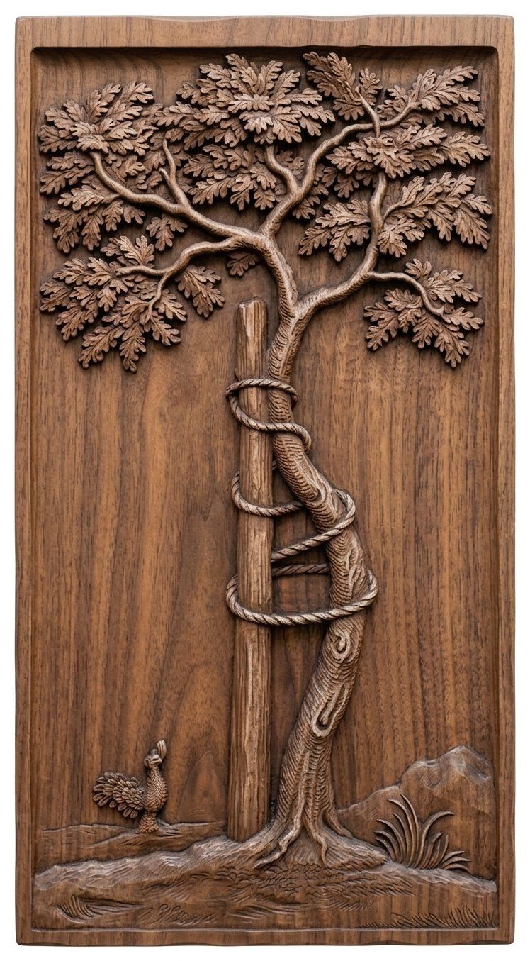 Twisted Oak Tree and Support Post CNC Relief STL | Rustic Nature Wall Art Panel | Wildlife Bird Wood Carving Design — carved bas relief STL file for CNC