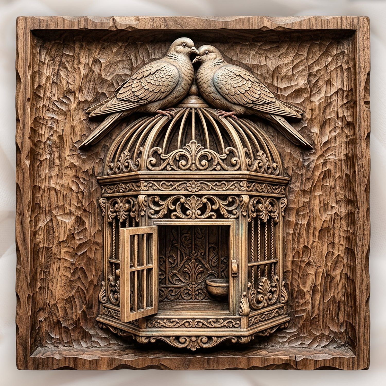 Two Birds on Ornate Birdcage CNC Relief STL bas-relief STL design
