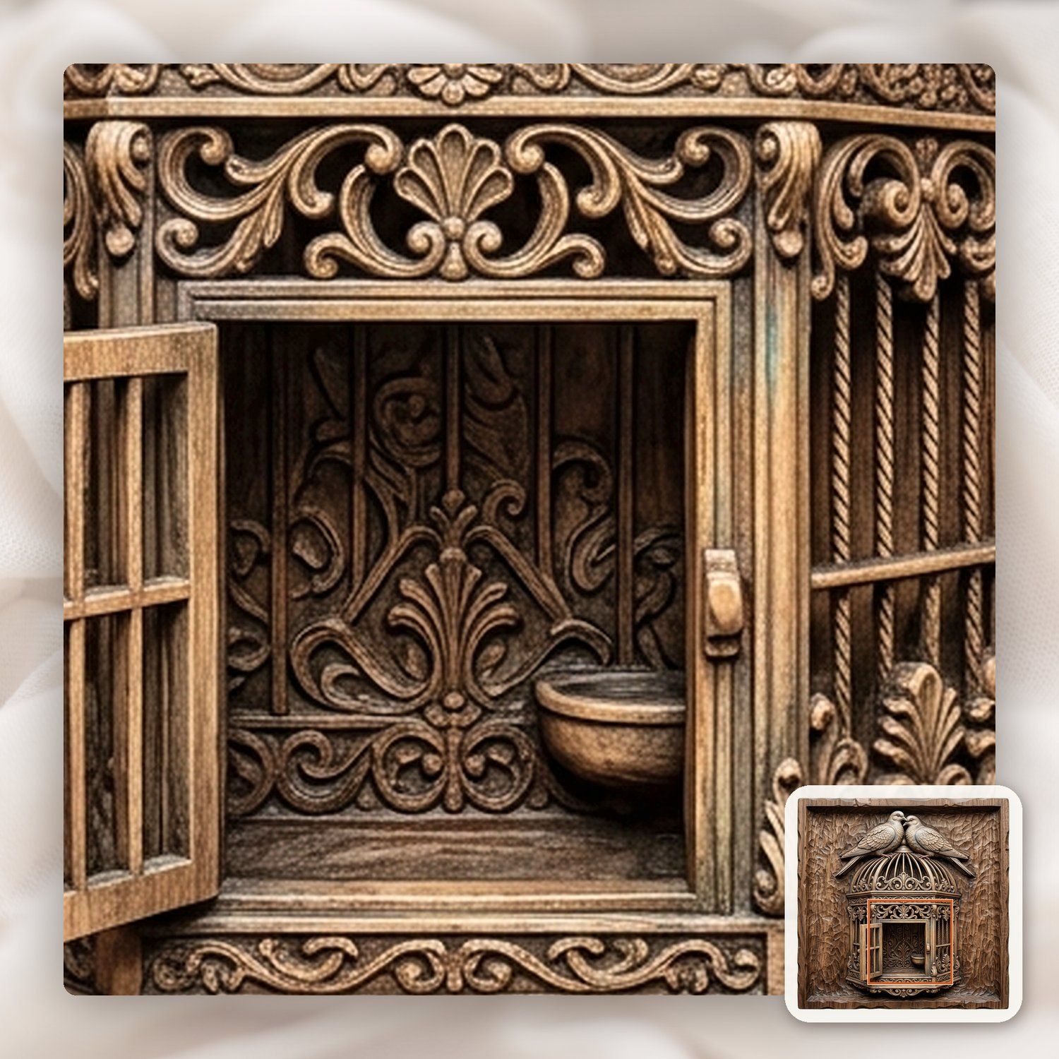 Two Birds on Ornate Birdcage CNC Relief STL bas-relief STL — view 12