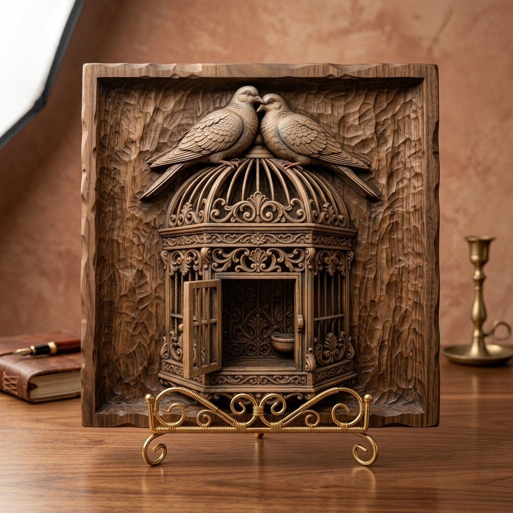 Two Birds on Ornate Birdcage CNC Relief STL bas-relief STL — view 4