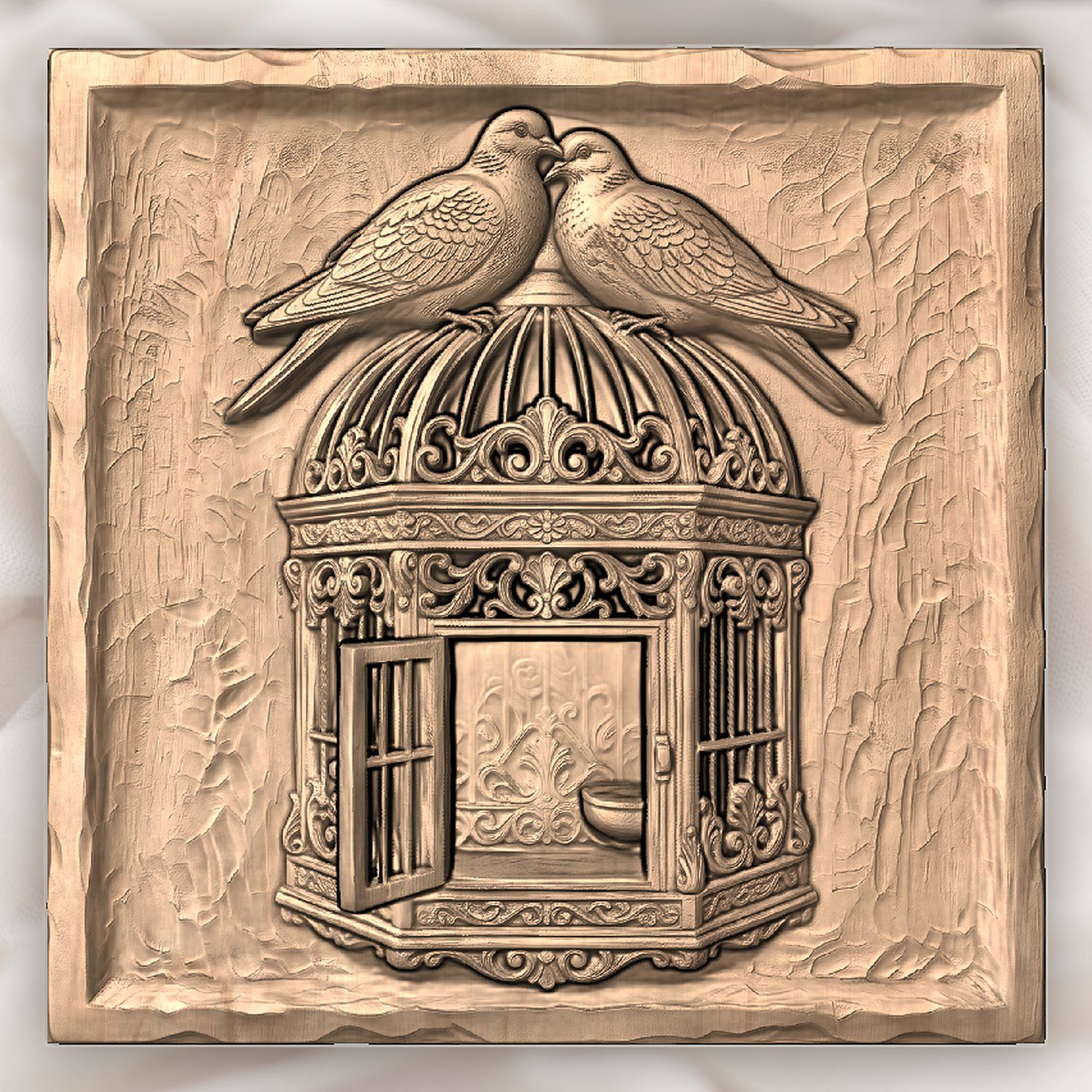 Two Birds on Ornate Birdcage CNC Relief STL bas-relief STL — view 3