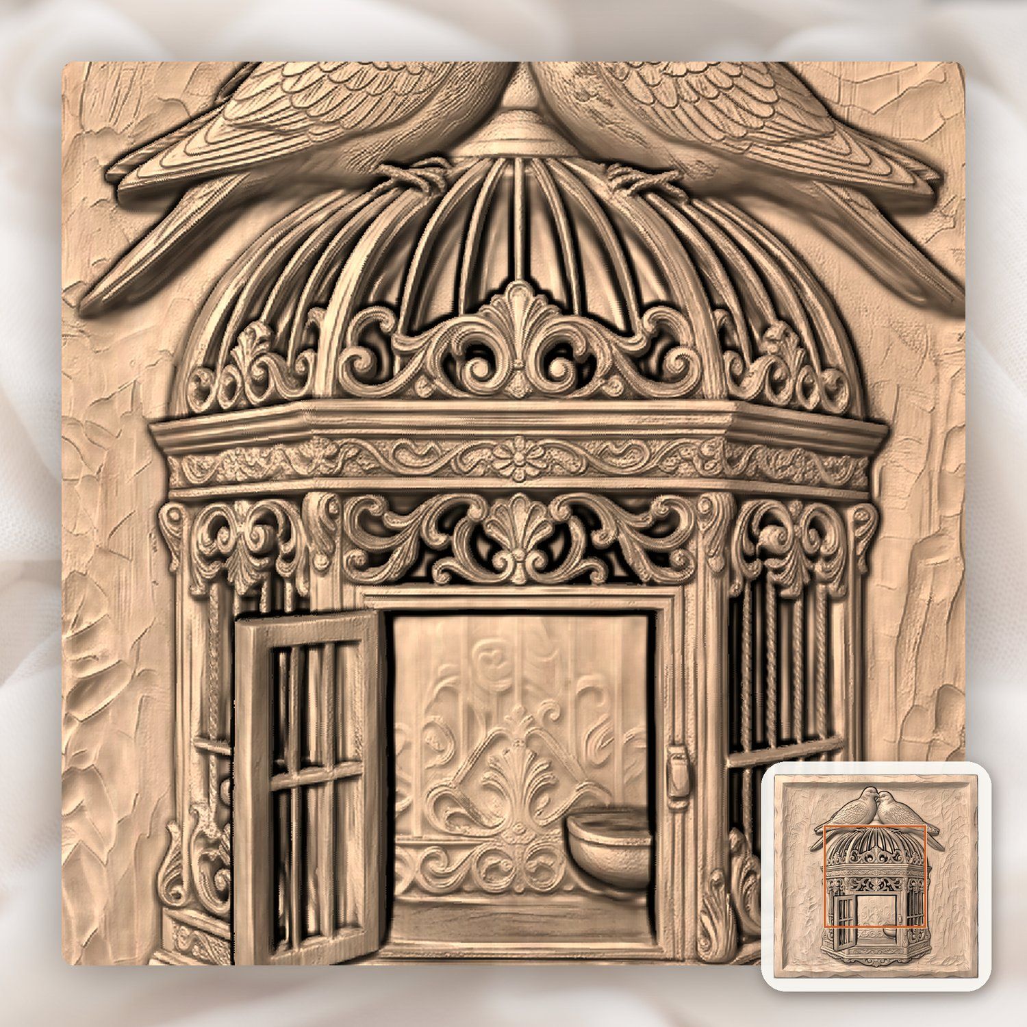 Two Birds on Ornate Birdcage CNC Relief STL bas-relief STL — view 6