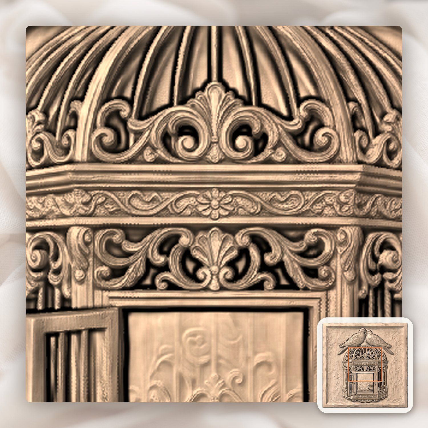 Two Birds on Ornate Birdcage CNC Relief STL bas-relief STL — view 7