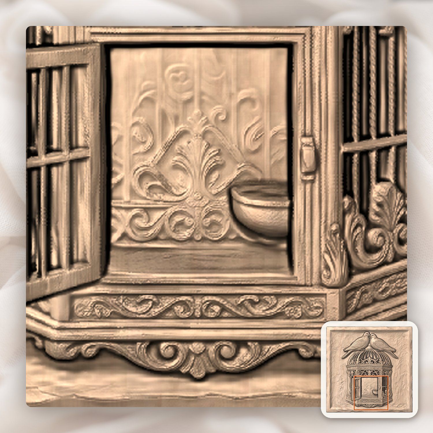 Two Birds on Ornate Birdcage CNC Relief STL bas-relief STL — view 8