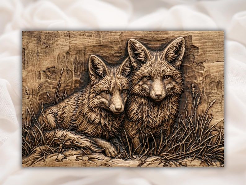 Bas-relief wood carving of two foxes resting together in tall grass against a rocky background