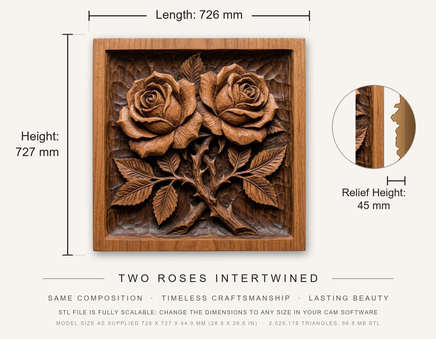 Two Roses Intertwined CNC Relief STL bas-relief STL — view 3