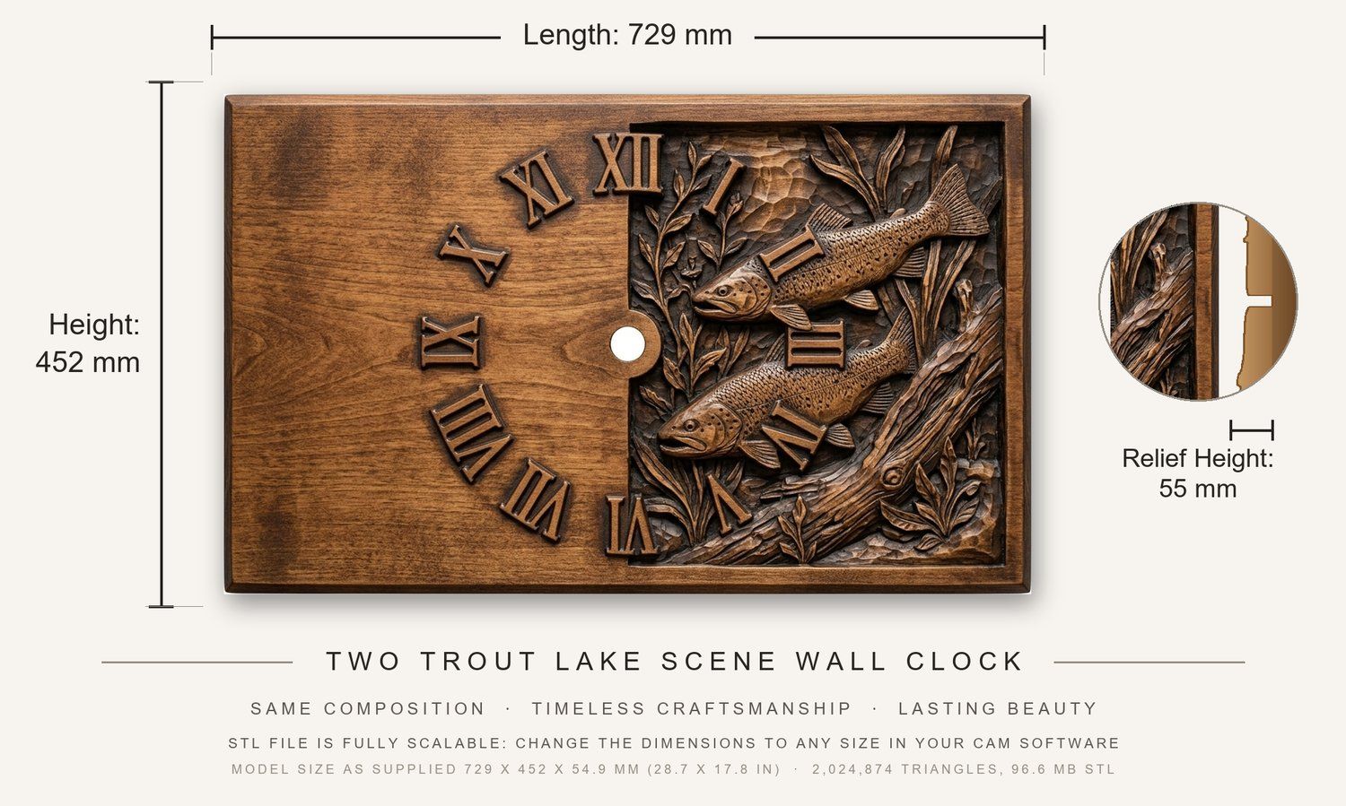 Two Trout Lake Scene Wall Clock CNC Relief STL bas-relief STL — view 3