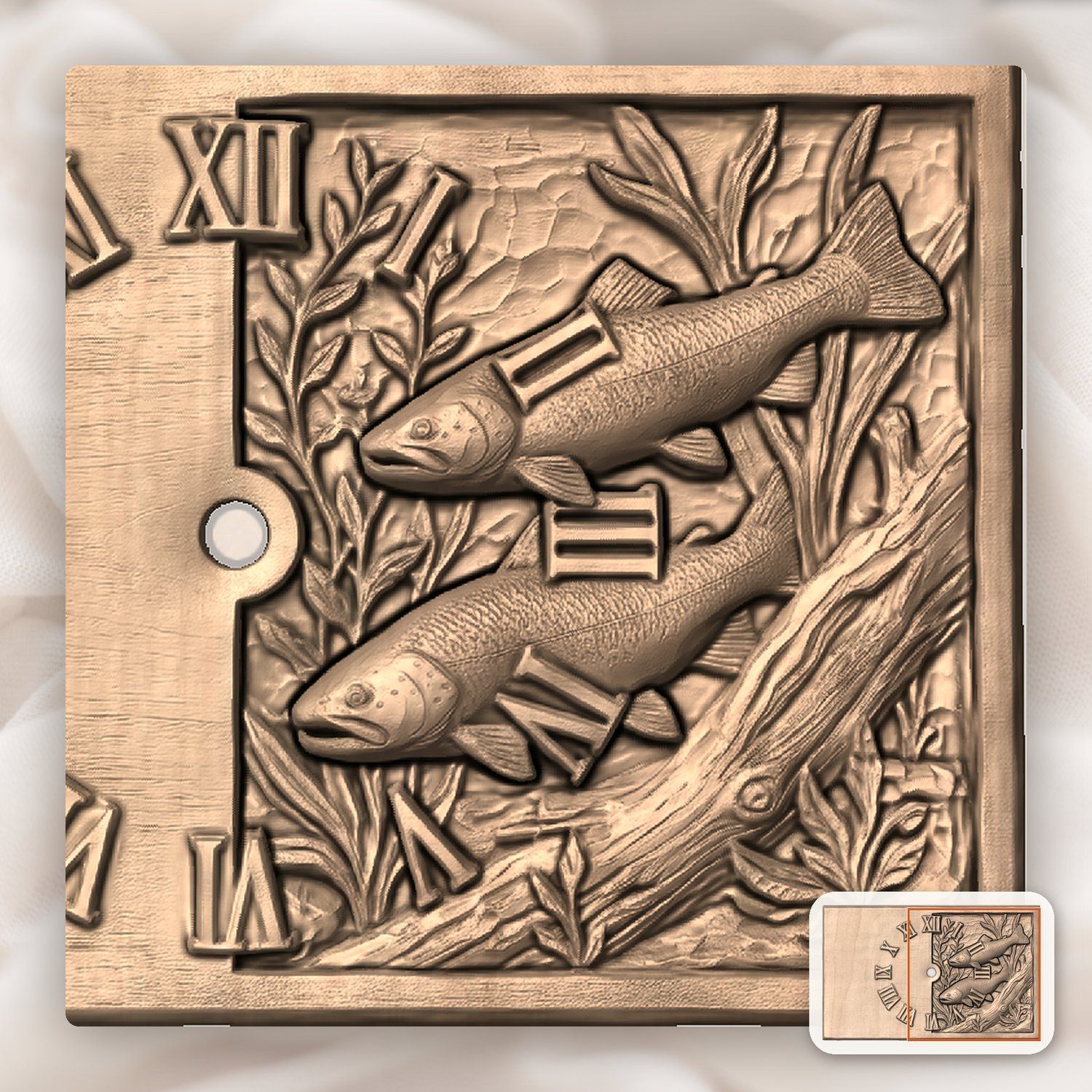 Two Trout Lake Scene Wall Clock CNC Relief STL bas-relief STL — view 8