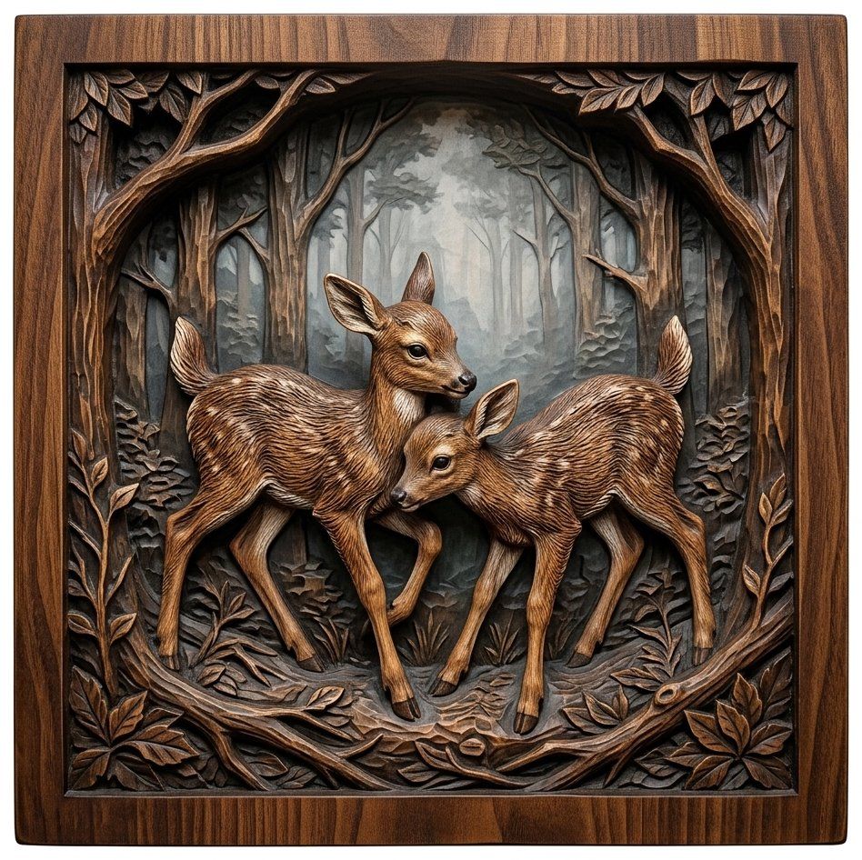 Two Young Fawns Forest Wildlife CNC Relief STL bas-relief STL — view 12