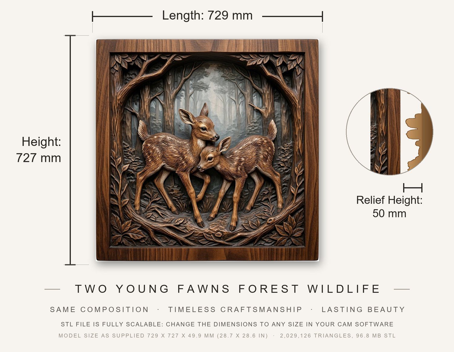 Two Young Fawns Forest Wildlife CNC Relief STL bas-relief STL — view 3