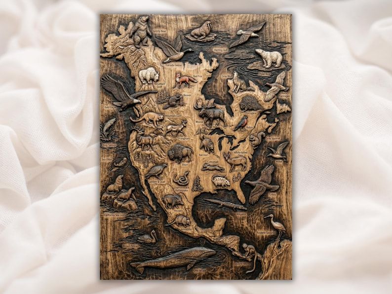 Carved wood relief map of North America covered with animals like grizzly, bison, moose, eagle, and whale