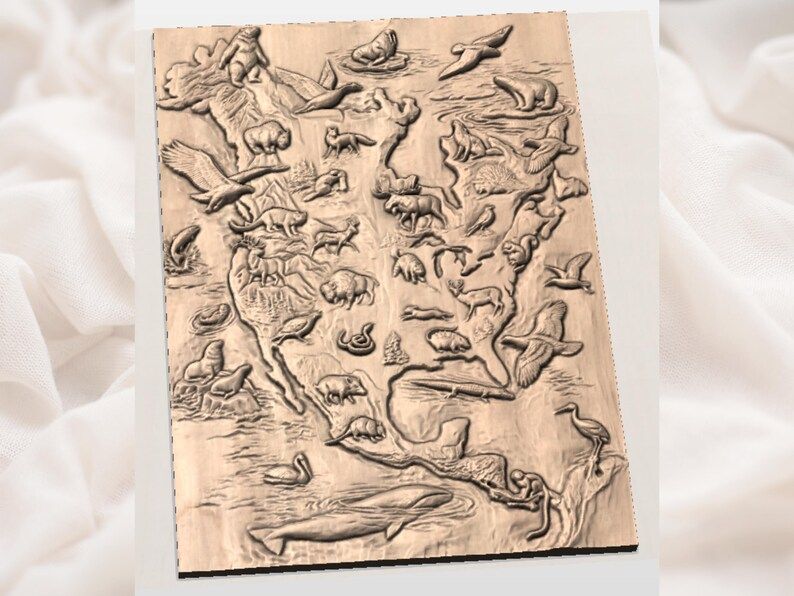 North American Wildlife Map Relief, Animals Across the Continent bas-relief STL — view 2