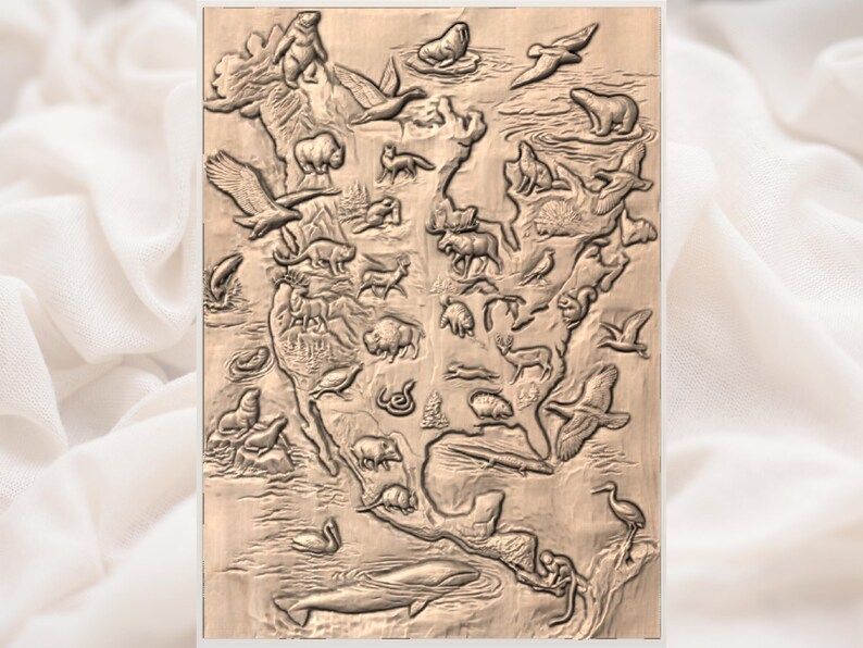 North American Wildlife Map Relief, Animals Across the Continent bas-relief STL — view 3