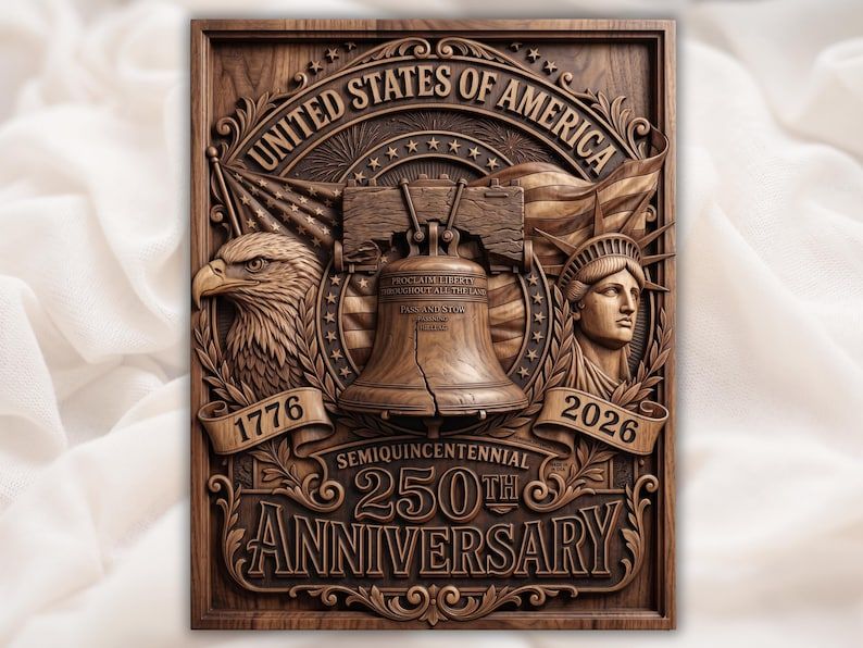 Carved relief of Liberty Bell, bald eagle, Statue of Liberty, and flags marking the 1776 to 2026 America 250th anniversary