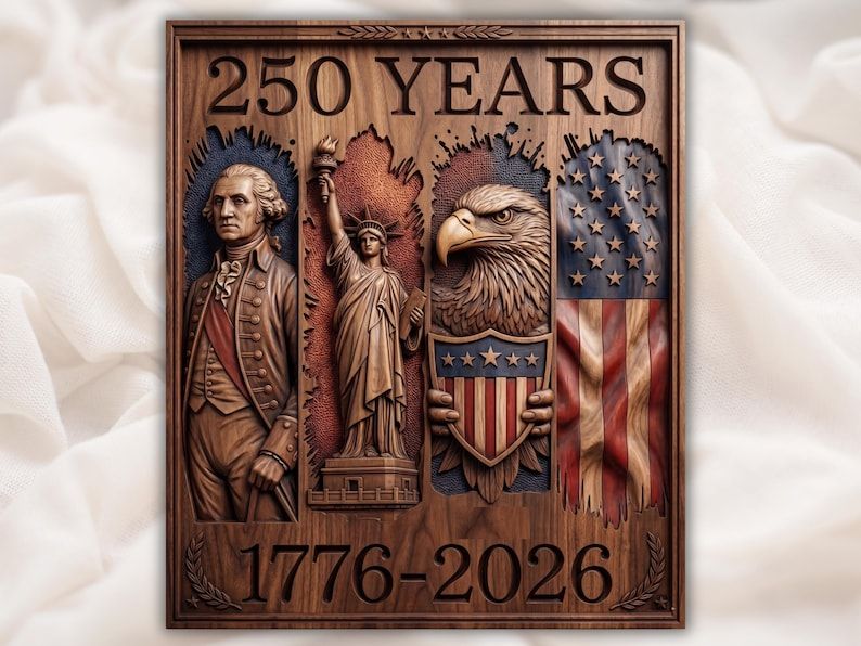 Carved wood relief of George Washington, Statue of Liberty, bald eagle, and flag with 250 Years and 1776-2026.