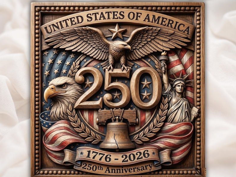 Carved relief plaque with bald eagle, number 250, Statue of Liberty, Liberty Bell, flags, and 1776 to 2026 banner