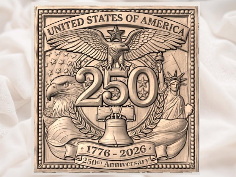 USA 250th Anniversary Eagle & Liberty Bell Relief Plaque bas-relief STL — view 3