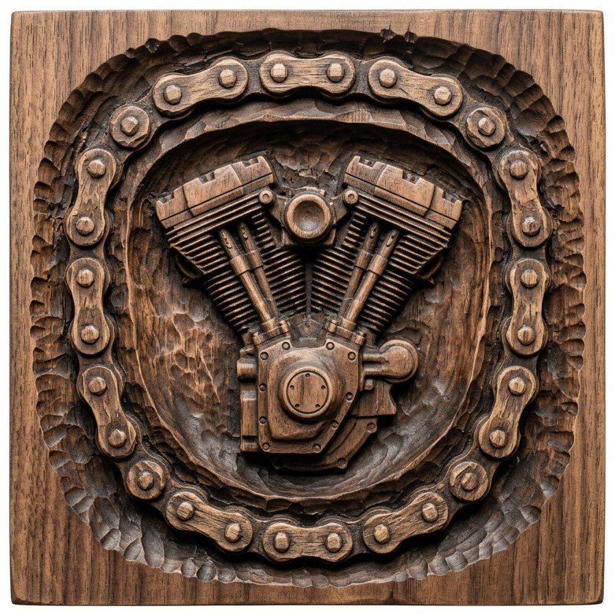 V-Twin Motorcycle Engine Wall Art | Industrial Biker Chain Border Relief | Custom Garage Sign Design | Aspire VCarve Pro Carveco — carved bas relief STL file for CNC