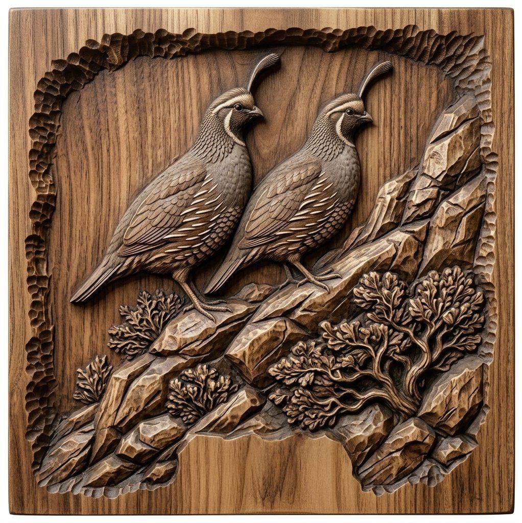 Valley Quail Wildlife Scene CNC Relief STL | Nature Wall Art Panel | Rustic Cabin Decor Wood Carving Design — carved bas relief STL file for CNC