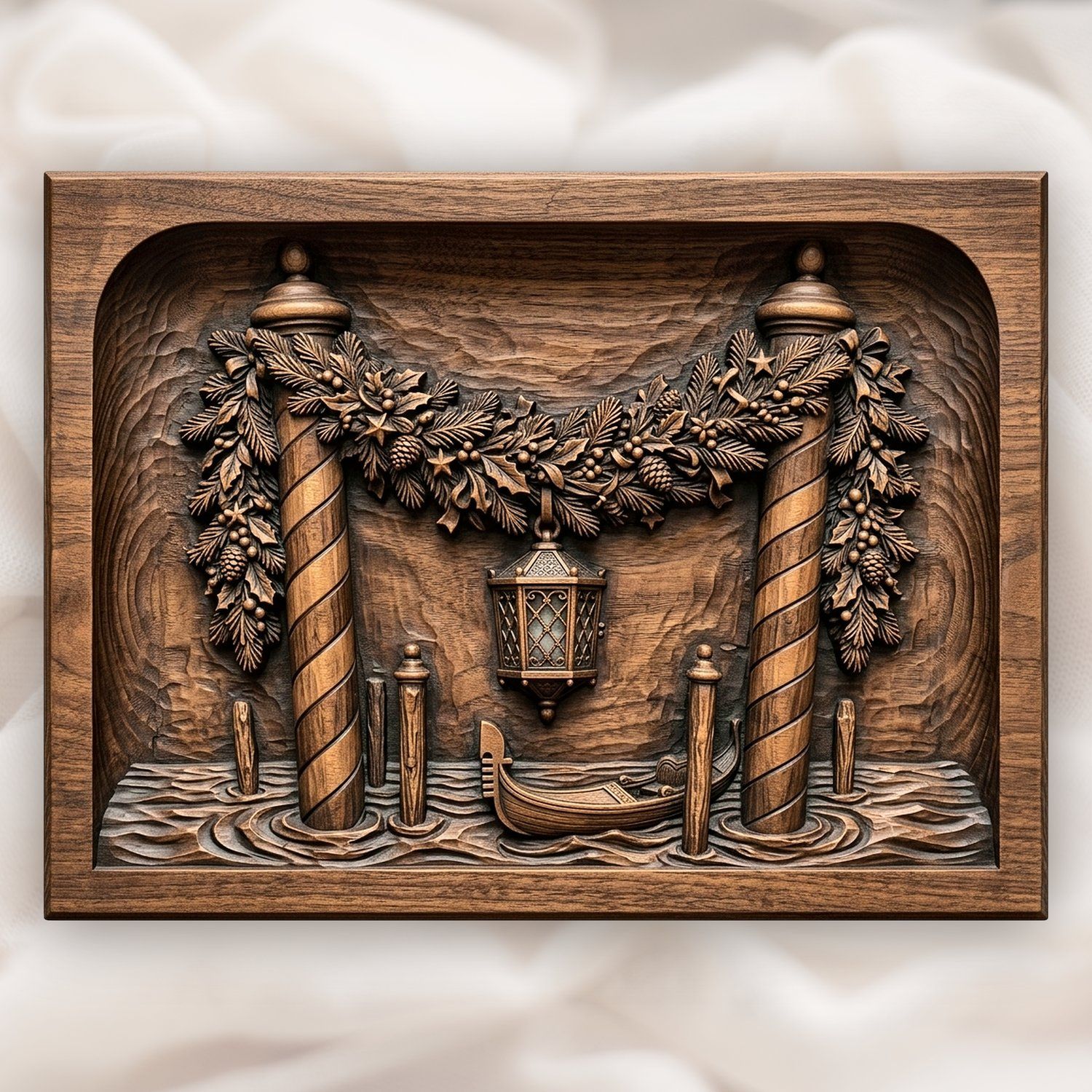 Venetian Gondola Christmas Garland CNC Relief STL | Italian Holiday Wood Carving Design | Venice Canal Wall Art Panel — carved bas relief STL file for CNC