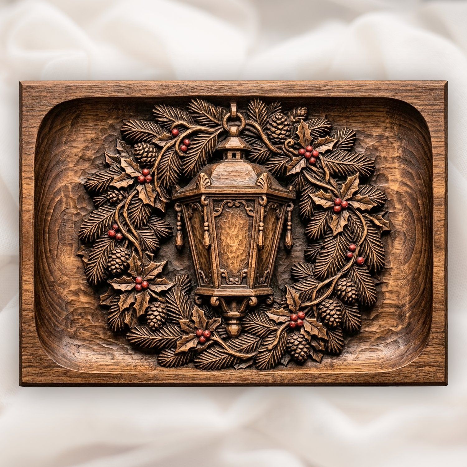 Venetian Lantern Christmas Wreath CNC Relief STL | Holiday Wood Carving | Italian Festive Decor Panel — carved bas relief STL file for CNC