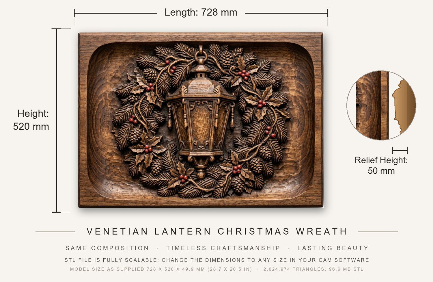 Venetian Lantern Christmas Wreath CNC Relief STL bas-relief STL — view 3