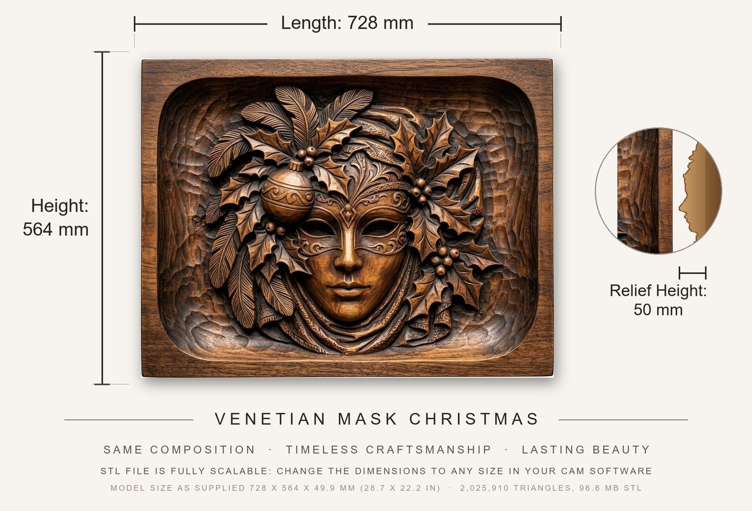 Venetian Mask Christmas CNC Relief STL bas-relief STL — view 3