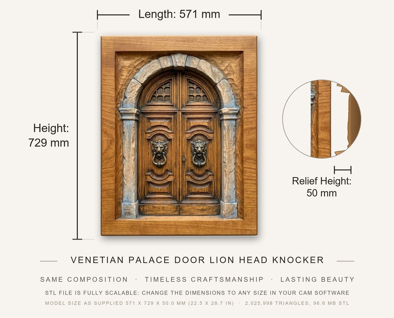 Venetian Palace Door Lion Head Knocker CNC Relief STL bas-relief STL — view 3