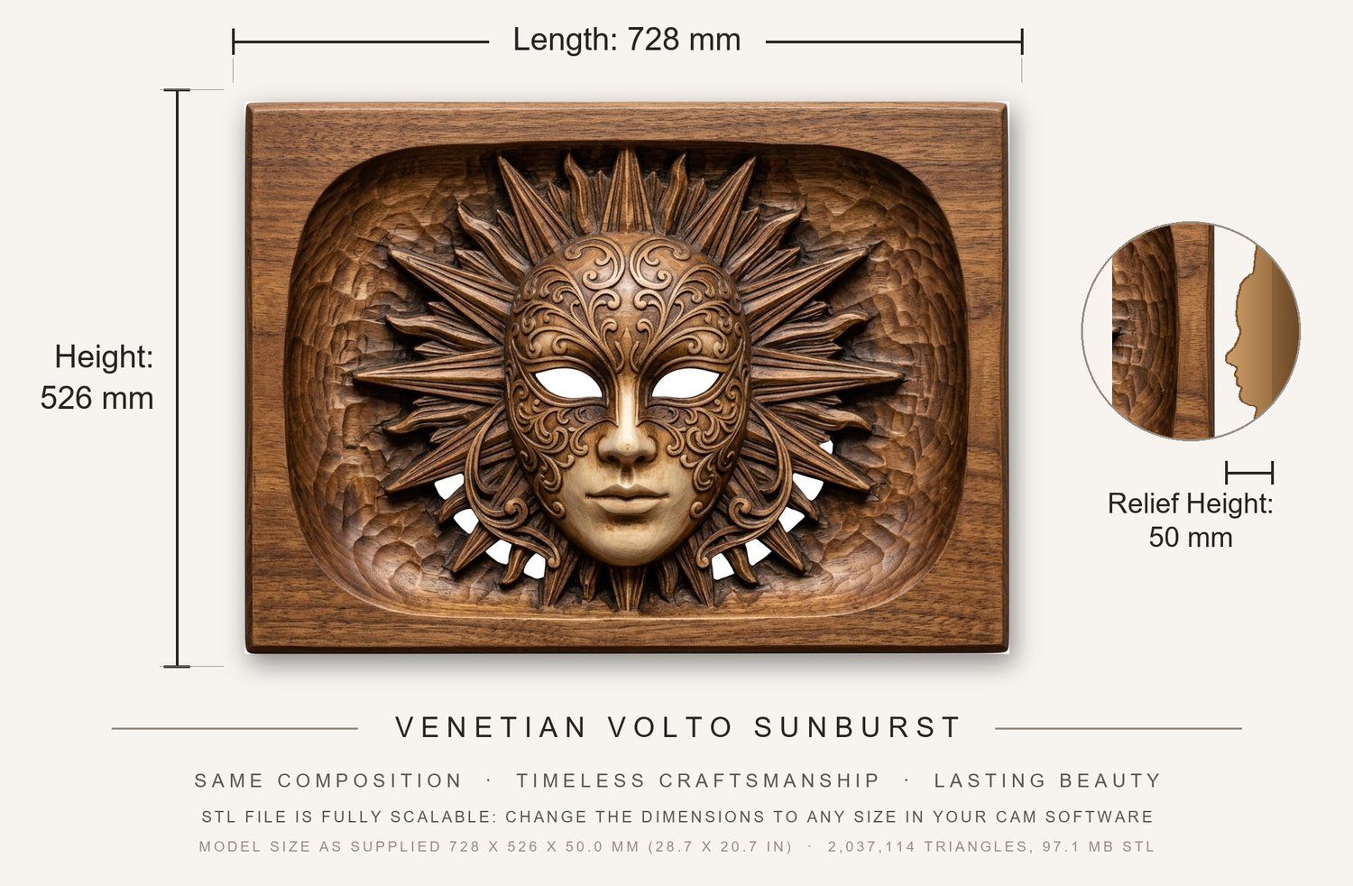 Venetian Volto Sunburst CNC Relief STL bas-relief STL — view 3