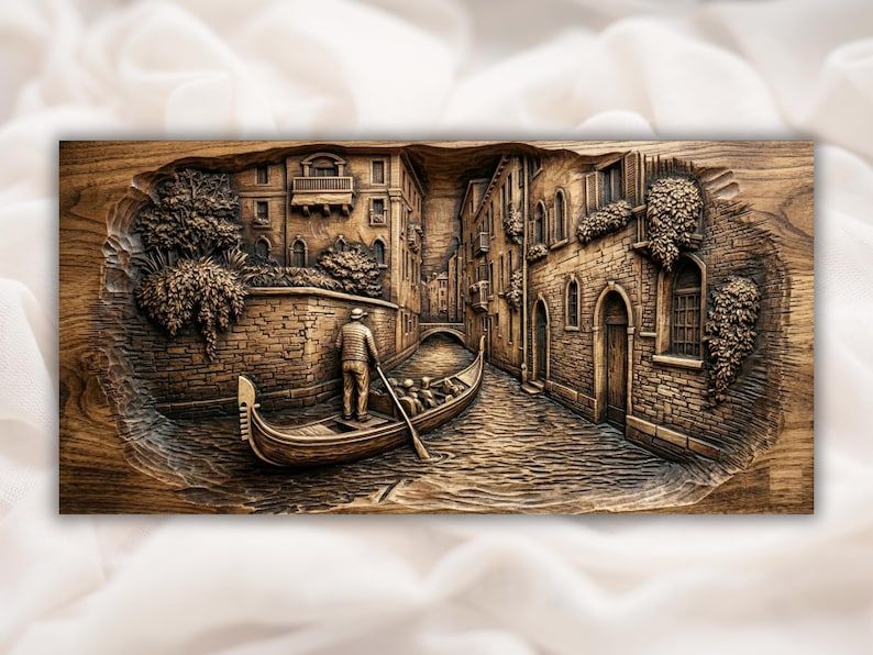 Carved wood bas-relief of a Venice canal with a gondolier poling his boat past stone houses and ivy.