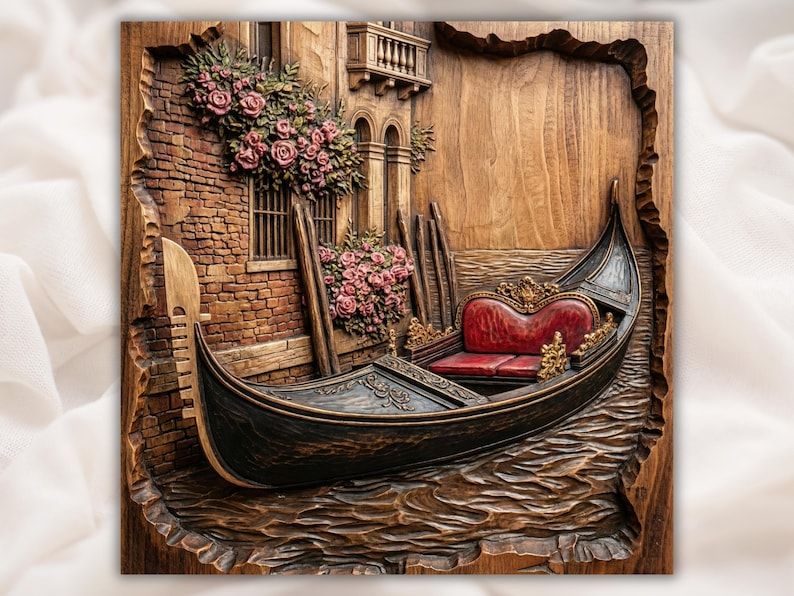 Carved relief of a black Venetian gondola with red seat, pink roses and brick wall beside rippled canal water.