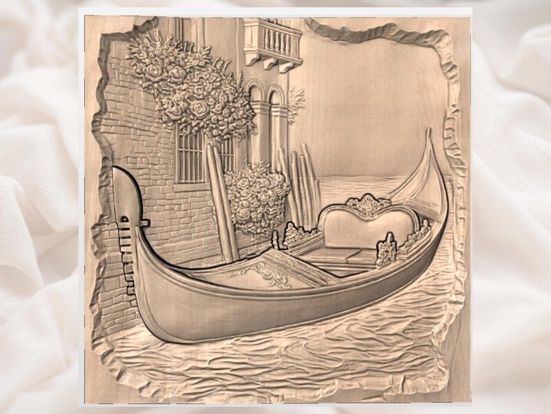Venetian Gondola and Roses Canal Scene Bas-Relief STL bas-relief STL — view 2