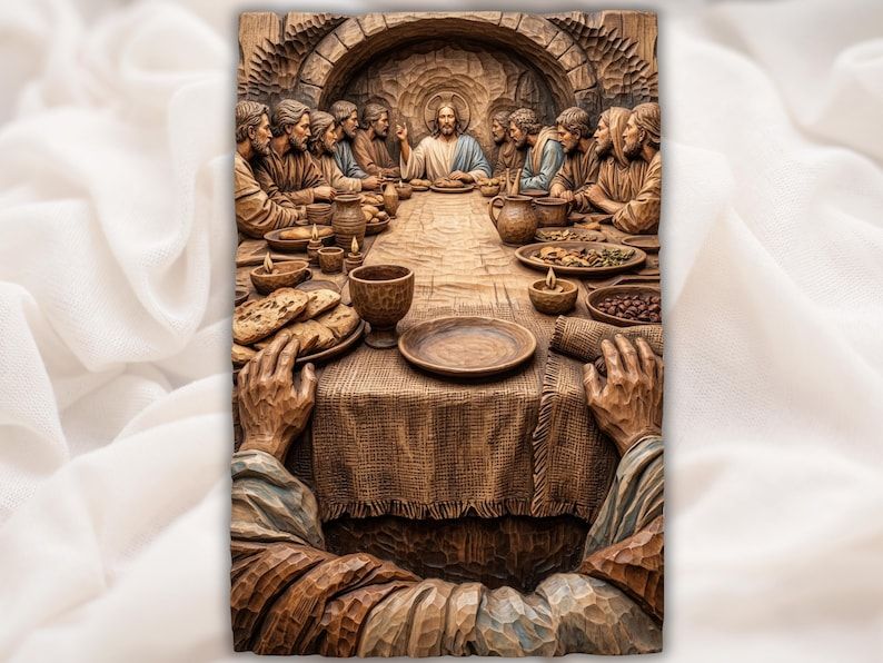 Carved wood relief of the Last Supper with Jesus and disciples around a table, viewer's hands in foreground