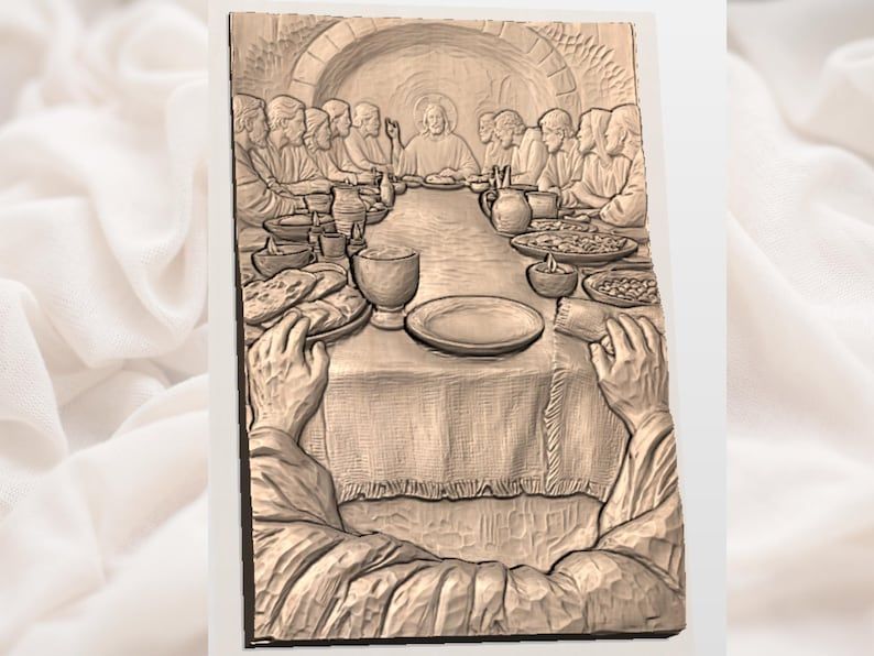 Last Supper Viewer Perspective STL, Jesus and Disciples Relief Carving bas-relief STL — view 2