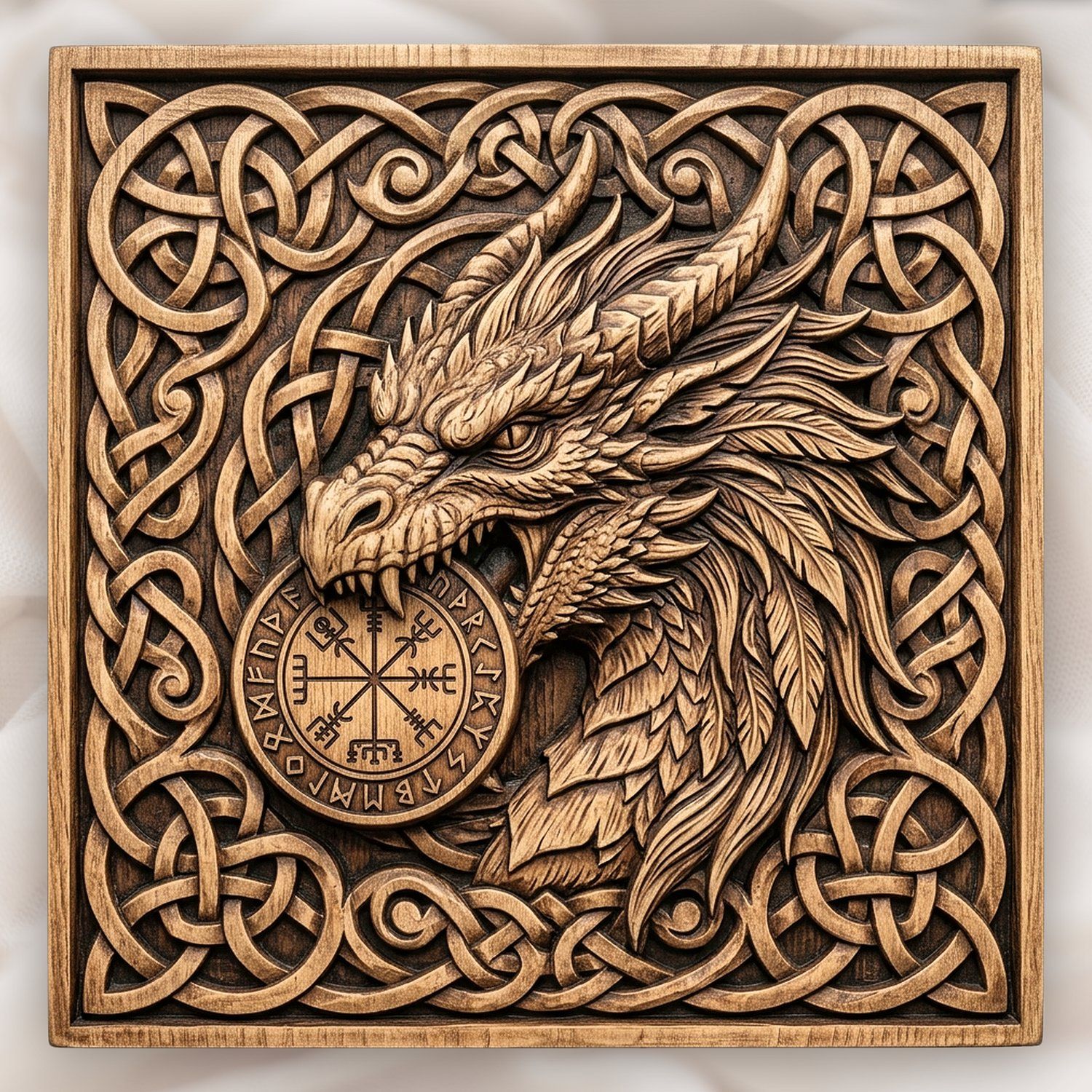 Viking Dragon Vegvisir Compass CNC Relief STL | Nordic Mythology Wall Art | Celtic Knotwork Wood Carving Design — carved bas relief STL file for CNC