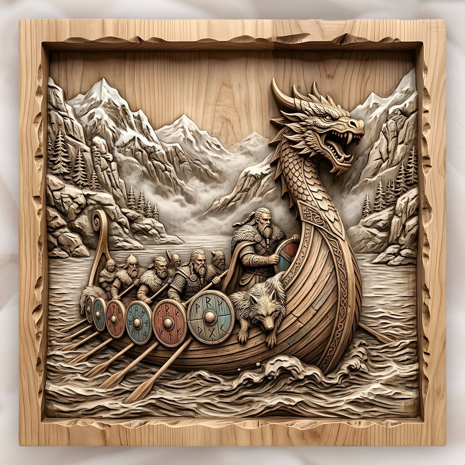Viking Longship Dragon Boat CNC Relief STL | Norse Mythology Wood Carving Design | Viking Warrior Wall Art Panel | Epic Nordic Decor — carved bas relief STL file for CNC
