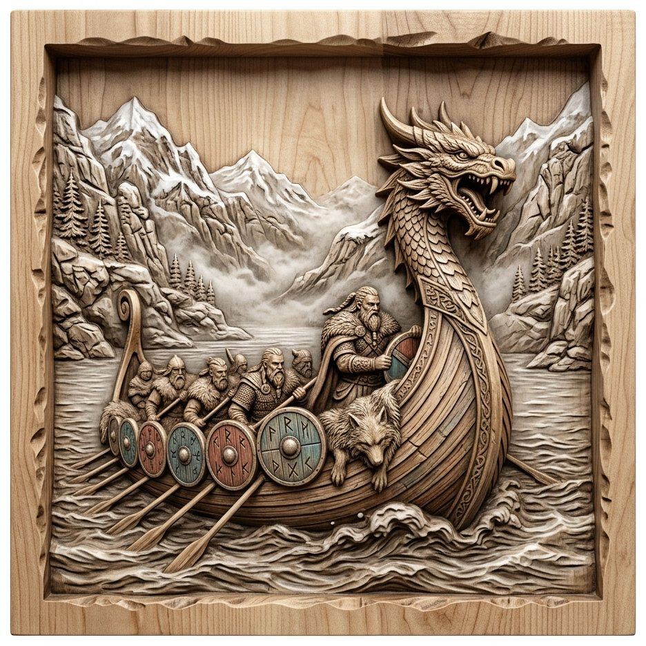 Viking Longship Dragon Boat CNC Relief STL bas-relief STL — view 11