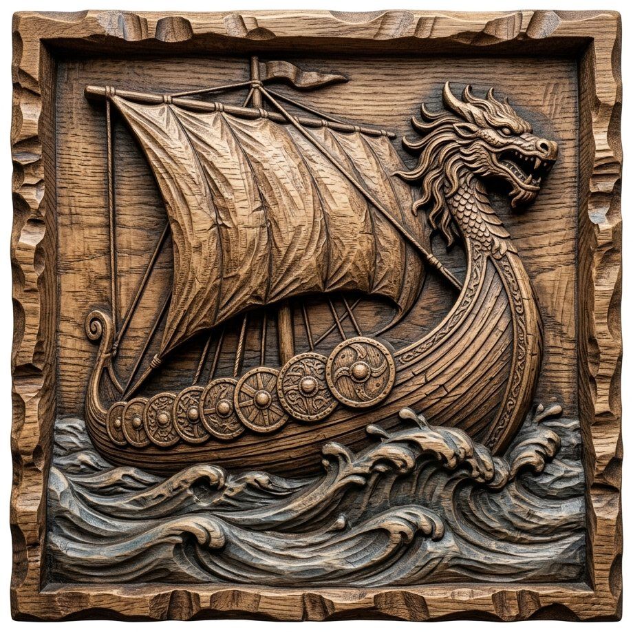 Viking Longship Wall Art | Norse Dragon Boat Wood Carving | Mythical Drakkar Panel | Nautical Home Decor | Viking Shield Wall Plaque — carved bas relief STL file for CNC